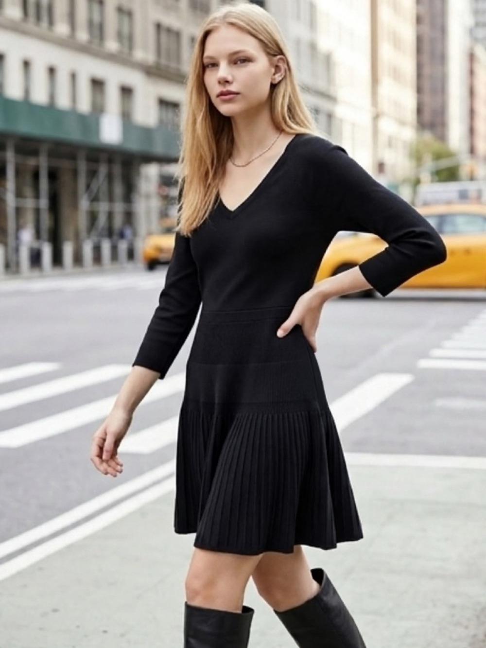 SCOOP Black V-Neck Pleated Hem Dress